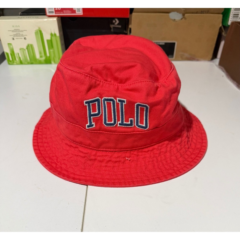 Polo Ralph Lauren Red Cotton Bucket Hat Spellout Logo Mens L/XL 61cm